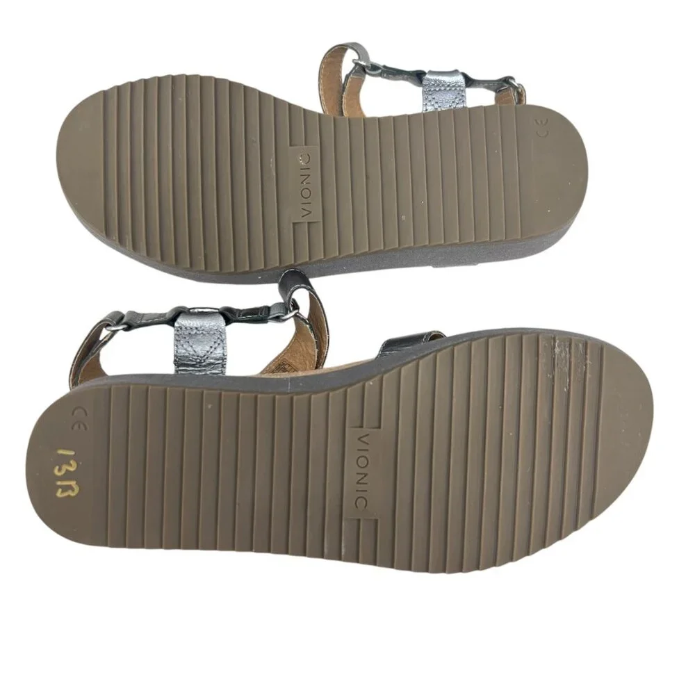Vionic Kayan Leather Metallic Pewter Strappy Platform Sandal Women's size 8